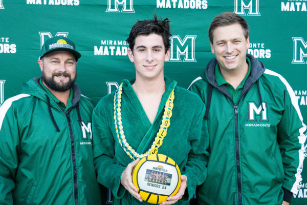 MHS Water Polo, Seniors Night, class of 2024 - Nicholas Bea with Coaches Lincoln Haley and John Nash