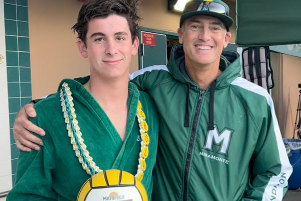MHS Water Polo, Seniors Night, class of 2024 - Nicholas Bea with Coach Scott Andron